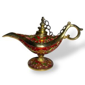 Aladdin Magic Lamp Miniature Brass Enamel Length 4.75" Trinket Holder Home Decor